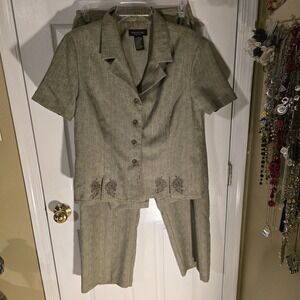 PERCEPTIONS NEW YORK Women's 3 Piece Pant Suit Linen Blend Olive Green Size 18‎